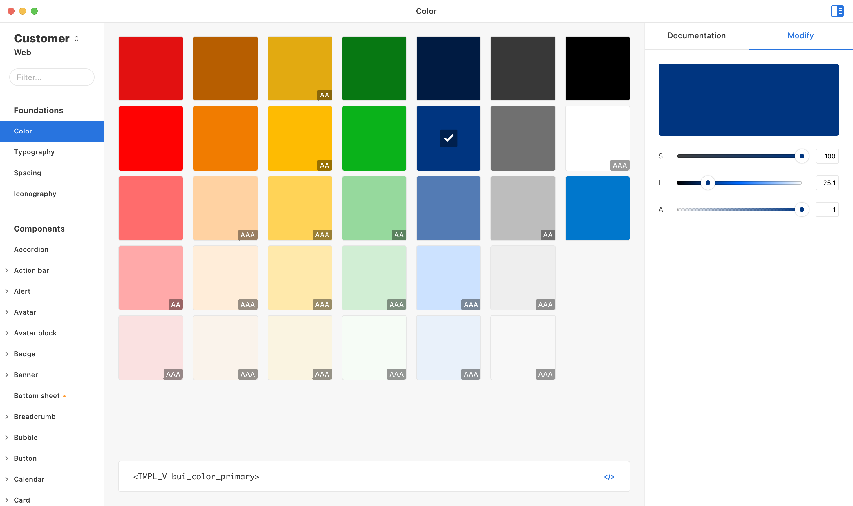 biq design system interface showing color management